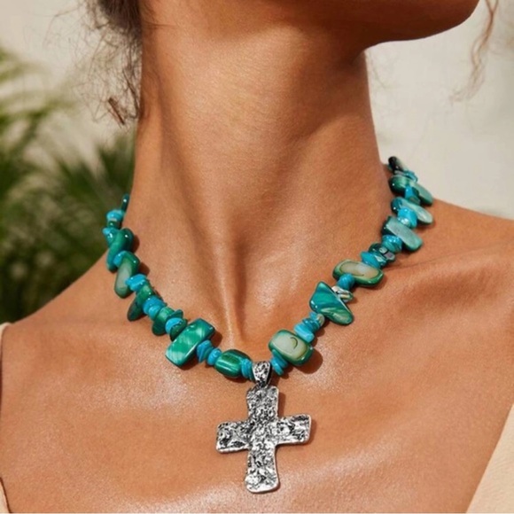 Free People Jewelry - NWT free people Cross Supernova Choker necklace aqua blue